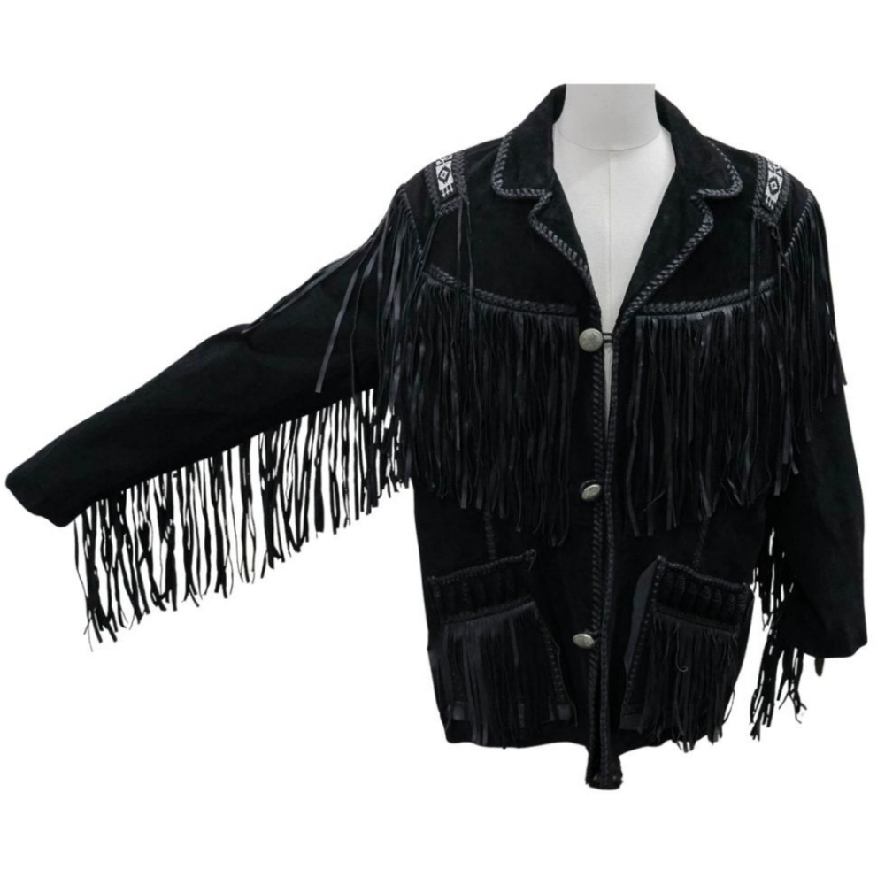 Vintage Scully Leather Western Black Fringed Jacket Beaded Detail Size 48 - Picture 4 of 14